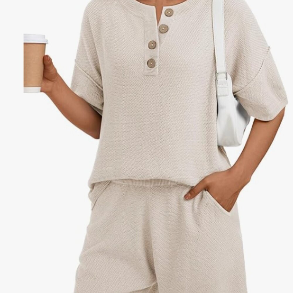 Cozy Waffle Henley Short Sleeve Pajama Set in Cream